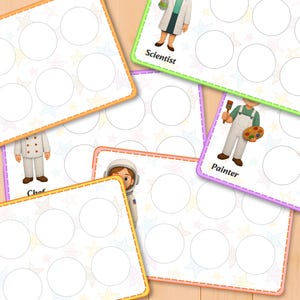 May include: Colorful educational cards featuring various professions, including a scientist, painter, chef, and astronaut. Each card has a white background with star patterns and a border. The cards have illustrations of each profession and the profession's name.