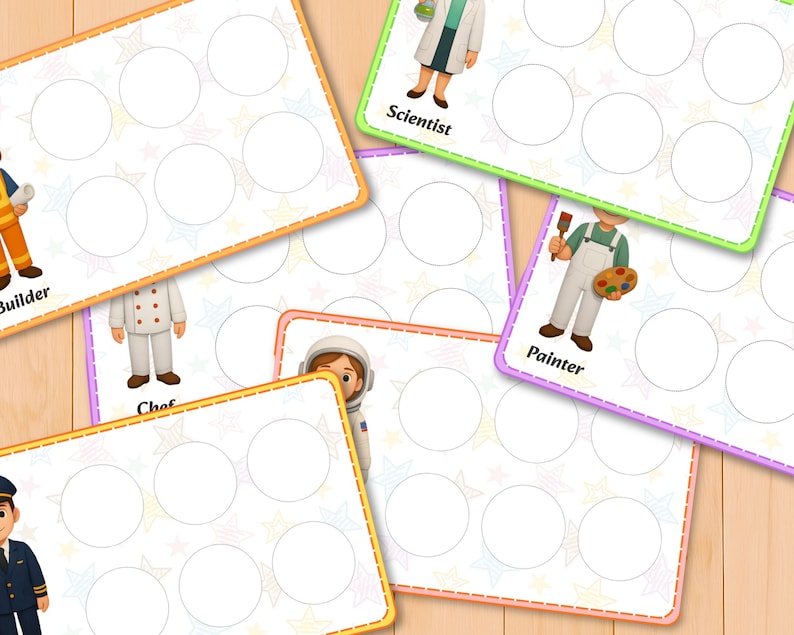 May include: Colorful educational cards featuring various professions, including a scientist, painter, chef, and astronaut. Each card has a white background with star patterns and a border. The cards have illustrations of each profession and the profession's name.