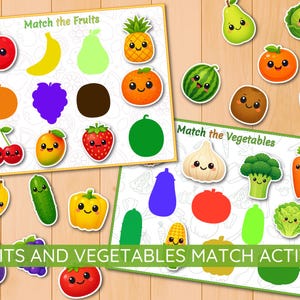 May include: A colorful educational game featuring illustrations of fruits and vegetables with smiling faces. The game includes matching activities with the text "Match the Fruits" and "Match the Vegetables". The phrase "FRUITS AND VEGETABLES MATCH ACTIVITY" is also visible.