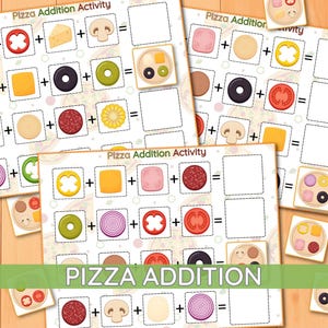 以下が含まれることがあります： ピザのトッピング（ペパロニ、マッシュルーム、玉ねぎ、ピーマンなど）のイラストを使った算数の問題が記載された「Pizza Addition Activity」学習用ワークシートセット。完成したピザの組み合わせが描かれた小さな正方形のカードも含まれています。