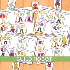 Puede incluir: Un conjunto de hojas de actividades educativas tituladas Build the Robots con instrucciones para emparejar tarjetas que son combinaciones de piezas de robots. Las hojas presentan varias ilustraciones de robots coloridos y casillas.