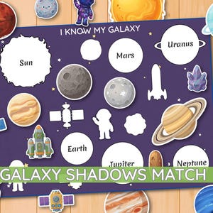 Actividad de emparejamiento de sombras del tema del espacio, hoja de trabajo imprimible del sistema solar, aprendizaje temprano, recursos educativos, jardín de infancia