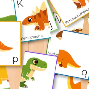 Dinosauriealfabetet och bokstavsigenkänning pusselaktivitet, versaler gemener matchning, parmatchning, ABC-kort bild 10