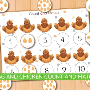 May include: A colorful educational game titled "Count and Match" featuring illustrations of chickens and eggs. The game includes numbers 1-10, with corresponding egg quantities. The text "EGG AND CHICKEN COUNT AND MATCH" is displayed at the bottom.
