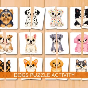 May include: A set of twelve square puzzle pieces featuring illustrations of various dog breeds. Each puzzle is split in half, showcasing breeds like a Yorkshire Terrier, Dalmatian, and Corgi. The text "DOGS PUZZLE ACTIVITY" is at the bottom.