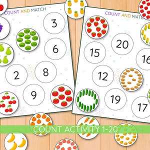 May include: Educational counting activity sheets with colorful illustrations of fruits and vegetables. The sheets feature the text "COUNT AND MATCH" and "COUNT ACTIVITY 1-20". The numbers 1-20 are displayed with corresponding fruit and vegetable images.