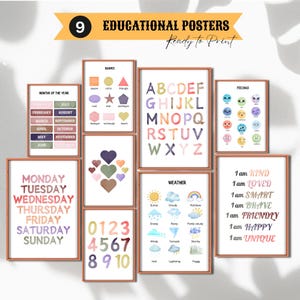 Boho Klassenzimmer Decor Pack, Set mit 9 Lernpostern, Boho Alphabet Poster, Kinderdekor, Klassenzimmerdekor