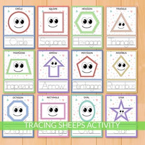 May include: Educational flashcards featuring various shapes like circles, squares, and triangles, each with a smiling face and tracing lines. The cards are bordered in different colors and include the text "TRACING SHEEPS ACTIVITY".