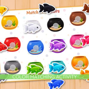 May include: A colorful color matching activity featuring cartoon fish and fishbowls. The image includes the text "Match Colors" and "COLOR MATCHING ACTIVITY". The fish and bowls are in various colors, including yellow, black, white, red, blue, and purple.