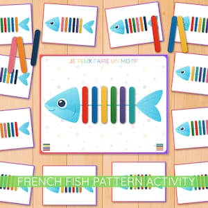 Pode incluir: Um conjunto de atividades de padrões de peixes franceses. O conjunto inclui vários cartões com um contorno de peixe azul e palitos de picolé coloridos. O texto "JE PEUX FAIRE UN MOTIF" é visível. As palavras "FRENCH FISH PATTERN ACTIVITY" também são visíveis.