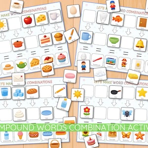 Op de afbeelding: Educatieve activiteit voor het combineren van samengestelde woorden met kleurrijke illustraties. De activiteit bevat kaarten met afbeeldingen zoals een zon, appel en rugzak, ontworpen om kinderen te helpen woorden te combineren. De tekst "LET'S MAKE WORD COMBINATIONS" is zichtbaar.
