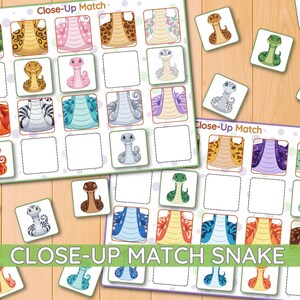 Snake Close Up Matching Activity, animals pattern match, fine motor skills, printable PDF, kindergarten