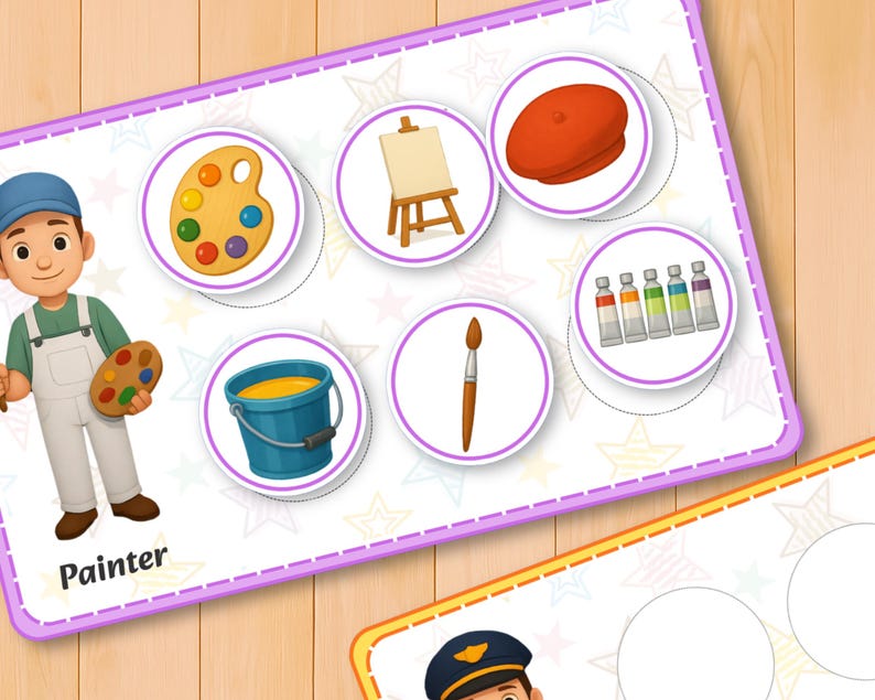 May include: A colorful educational card featuring a cartoon painter with art supplies. The card includes a paint palette, easel, beret, paint tubes, brush, and a bucket of yellow paint. The word "Painter" is written at the bottom of the card.
