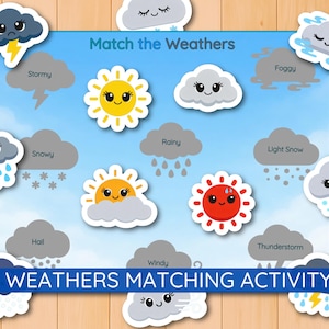 Op de afbeelding: Een weer-matching activiteitenspel met geïllustreerde weericonen, waaronder een lachende zon, regenwolken en sneeuwvlokken. Het spelbord toont de tekst "Match the Weathers" en "WEATHERS MATCHING ACTIVITY".