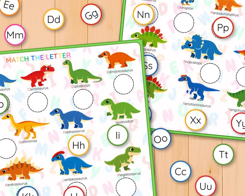 Dinosauriealfabetet och bokstavsigenkänning pusselaktivitet, versaler gemener matchning, parmatchning, ABC-kort bild 8