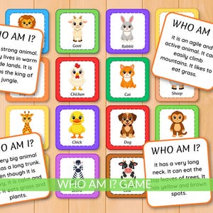 Wer bin ich? Tierratespiel, Rätselkarten für Kinderlernaktivität, benutzerdefinierte Karte