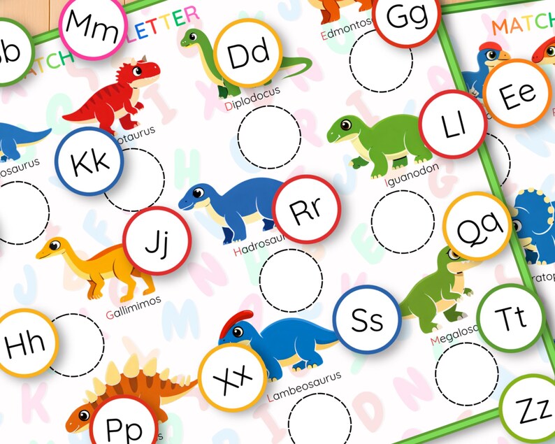 Dinosauriealfabetet och bokstavsigenkänning pusselaktivitet, versaler gemener matchning, parmatchning, ABC-kort bild 14