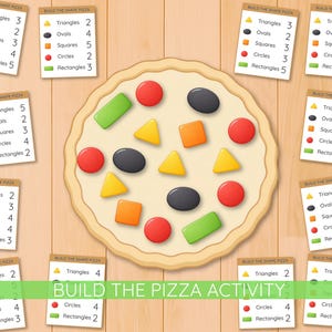 Może przedstawiać: Zestaw aktywności "Zbuduj Pizzę" z bazą do pizzy i kolorowymi kształtami geometrycznymi. Zestaw zawiera karty z ilościami kształtów: trójkątów, owali, kwadratów, kół i prostokątów. Widoczny jest tekst "Build the Pizza Activity".