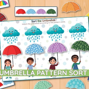 Può includere: Una scheda didattica intitolata Sort the Umbrellas con quattro nuvole animate con pioggia e quattro bambini che tengono ombrelli con vari motivi, tra cui rosso, nuvole blu, pois viola e foglie verdi, circondata da pezzi di ombrello ritagliati.
