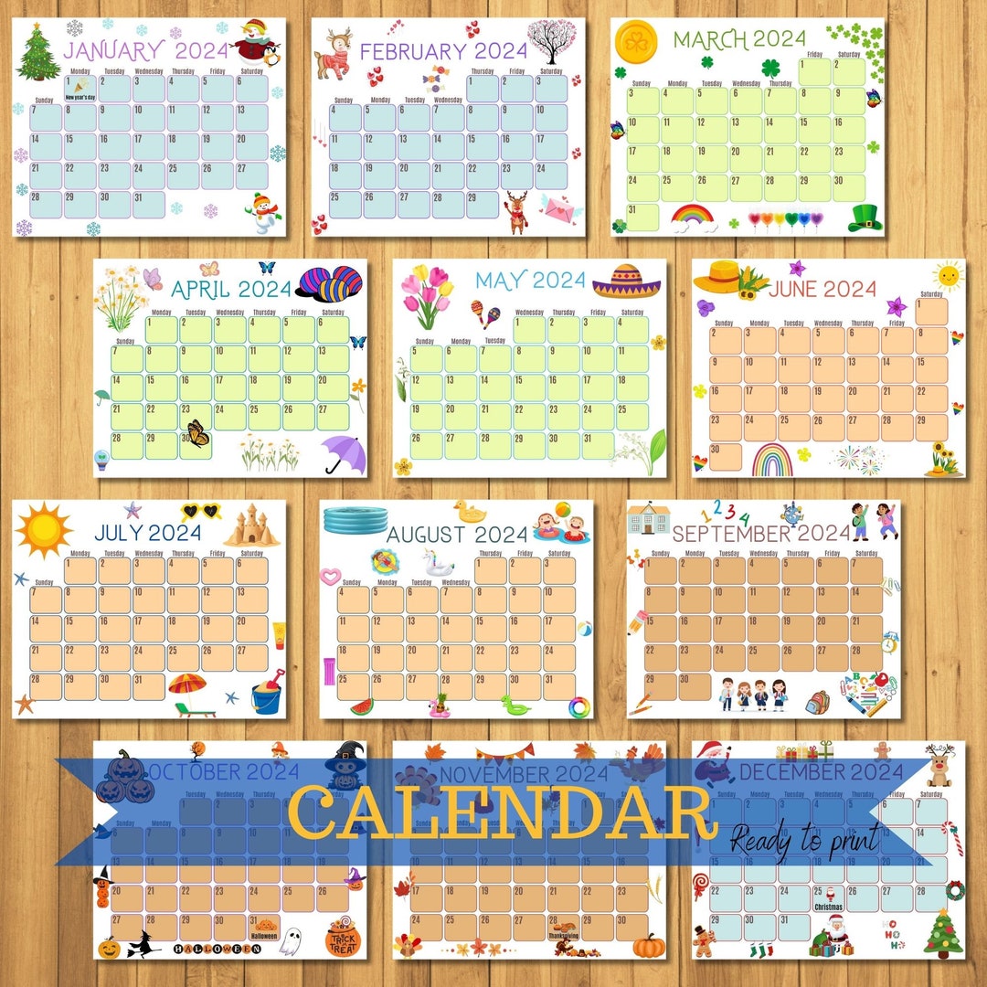2024 Printable Calendars, Printable Kids Calendars, Watercolor