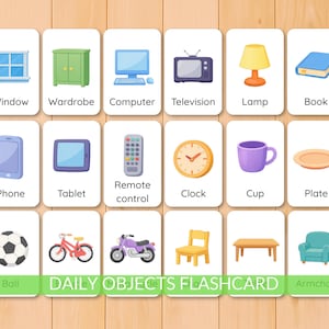 May include: A set of flashcards featuring illustrations of everyday objects like a window, wardrobe, computer, television, lamp, book, phone, tablet, remote control, clock, cup, plate, ball, bicycle, motorcycle, chair, table, and armchair. The text "DAILY OBJECTS FLASHCARD" is also present.