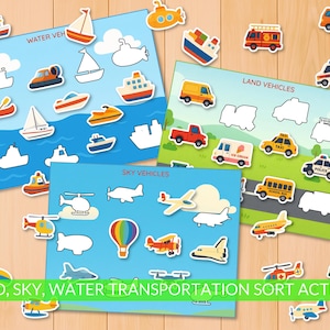 May include: A colorful transportation sort activity featuring three sorting boards: Water Vehicles, Sky Vehicles, and Land Vehicles. Includes various vehicle stickers like boats, planes, and cars. The text "LAND, SKY, WATER TRANSPORTATION SORT ACTIVITY" is at the bottom.