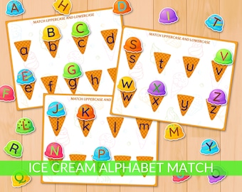May include: Educational ice cream alphabet matching game. The game features colorful ice cream cones with uppercase and lowercase letters, along with matching ice cream scoop letters. The text "ICE CREAM ALPHABET MATCH" is displayed at the bottom.