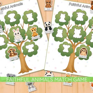 Może przedstawiać: Dwie plansze do gry w dopasowywanie "Wierne Zwierzęta". Każda plansza przedstawia drzewo z naklejkami ze zwierzętami i etykietami takimi jak "radość" i "życzliwość". Gra zawiera różnorodne ilustracje uroczych zwierząt, takich jak pies, niedźwiedź, panda i jeleń. Tekst "Faithful Animals Match Game" znajduje się na dole.