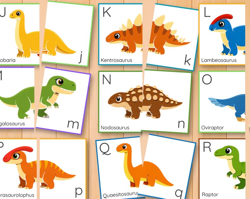 Dinosauriealfabetet och bokstavsigenkänning pusselaktivitet, versaler gemener matchning, parmatchning, ABC-kort bild 9