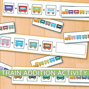 Op de afbeelding: Een set educatieve kaarten met een treintjes-optelactiviteit. Elke kaart toont kleurrijke treinwagons met diverse patronen, plus- en is-tekens, die reeksen wagons weergeven die bij elkaar opgeteld moeten worden om een complete trein te vormen.