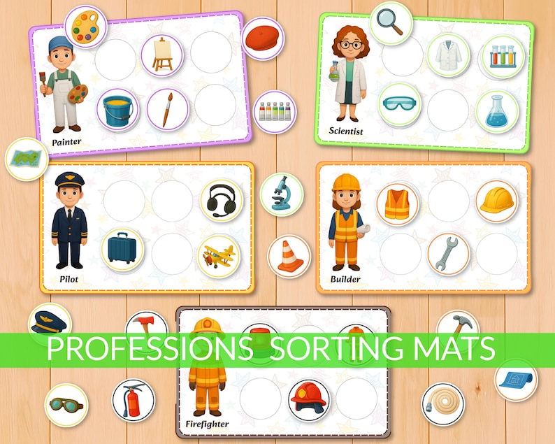May include: Educational sorting mats featuring illustrations of various professions, including a painter, scientist, pilot, builder, and firefighter. Each mat has related objects for sorting, such as paintbrushes, lab coats, and a fire extinguisher. The text "PROFESSIONS SORTING MATS" is displayed.