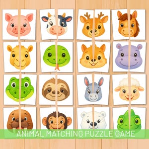 Puede incluir: Un colorido juego de rompecabezas de emparejamiento de animales con 12 pares de caras de animales ilustradas. Cada cara de animal está dividida en dos partes. El texto "ANIMAL MATCHING PUZZLE GAME" está en la parte inferior en una pancarta verde.