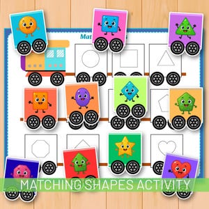 May include: A colorful educational activity featuring a train and various shapes. The train cars display smiling shapes like circles, squares, and hearts. The text "MATCHING SHAPES ACTIVITY" is at the bottom. The background is white with outlines of the shapes.