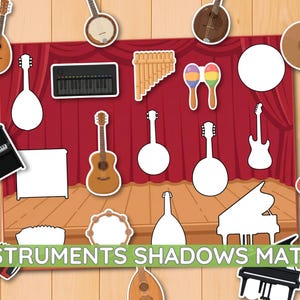May include: A matching activity sheet featuring a stage background with red curtains and a wooden floor. The sheet displays various musical instruments and their corresponding white silhouettes, including a piano, guitar, maracas, and pan flute.
