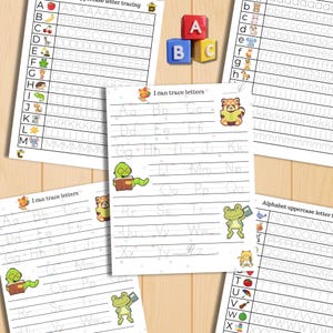 K&ouml;nnte beinhalten: Lehrreiche Arbeitsbl&auml;tter zum Nachzeichnen des Alphabets mit Gro&szlig;- und Kleinbuchstaben, mit Illustrationen und dem Text "I can trace letters". Farbige ABC-Bl&ouml;cke sind ebenfalls zu sehen.