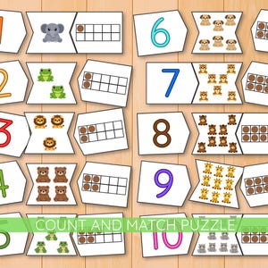 Peut inclure: Un puzzle éducatif coloré avec les chiffres 1 à 10, des illustrations d'animaux et des cadres de dix. Les pièces du puzzle présentent un éléphant, des grenouilles, des lions, des ours, des chiots, des tigres, des girafes et des chats. Le texte "COUNT AND MATCH PUZZLE" est affiché.