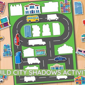 May include: A Build City Shadows Activity set featuring a green board with a black road layout and white building silhouettes. Includes colorful die-cut stickers of various city buildings, a cinema, a cafe, a museum, and assorted vehicles.