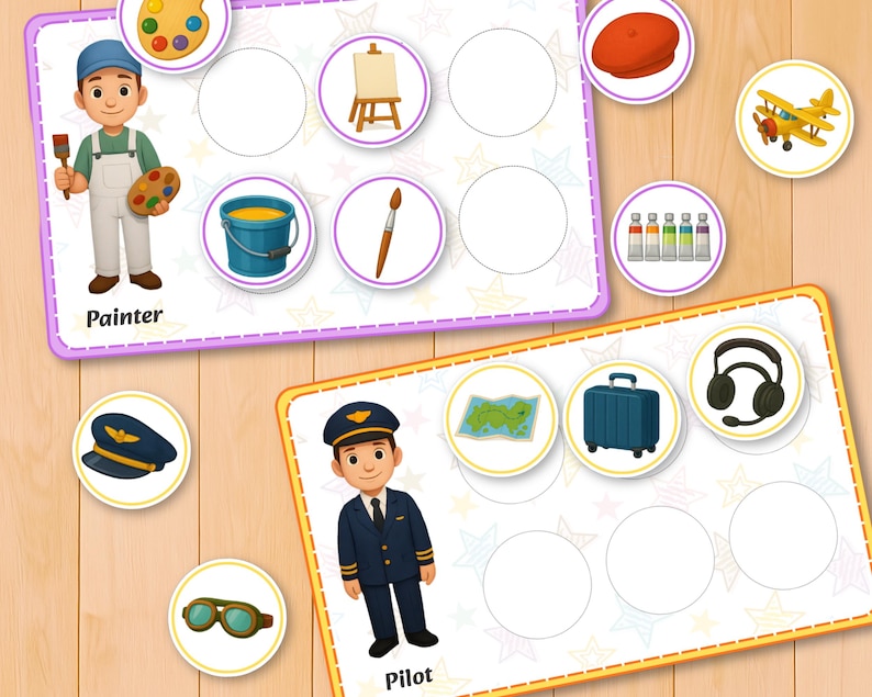 May include: Educational game featuring illustrations of a painter and a pilot. The painter holds a brush and palette, while the pilot stands next to a map and suitcase. Additional art and aviation-themed icons are included.