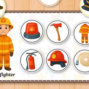 May include: An illustration of a firefighter in orange uniform with a yellow helmet. Surrounding the firefighter are circular images of firefighting tools, including an axe, helmet, and fire hose. The word "Firefighter" is written below the illustration.
