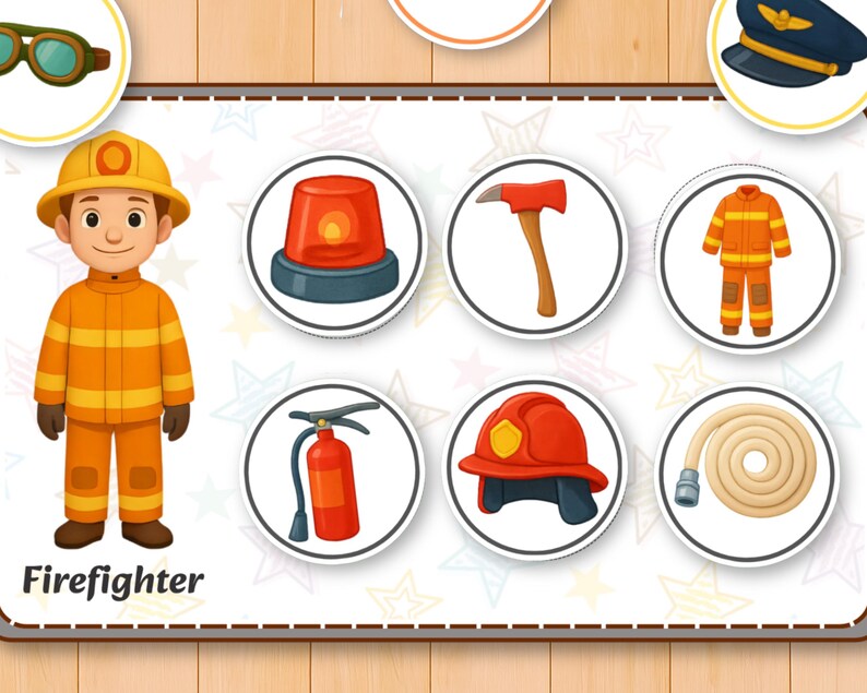 May include: An illustration of a firefighter in orange uniform with a yellow helmet. Surrounding the firefighter are circular images of firefighting tools, including an axe, helmet, and fire hose. The word "Firefighter" is written below the illustration.
