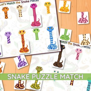 Op de afbeelding: Een slangen-puzzelspel bestaande uit twee witte spelborden met de tekst Let's Match the Snake Pieces en meerdere vierkante tegels met kleurrijke cartoon-slangen met diverse patronen zoals strepen, stippen en sterren in groen, blauw, paars, oranje en roze.