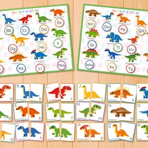 Dinosauriealfabetet och bokstavsigenkänning pusselaktivitet, versaler gemener matchning, parmatchning, ABC-kort bild 2