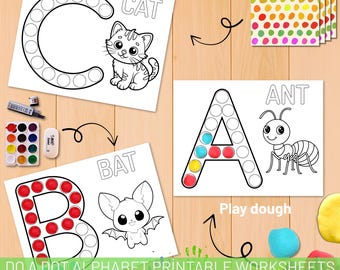 Alfabetsblad med prickpennor, rolig fingeravtrycksaktivitet med Play-Dough för förskola och dagis, Montessori