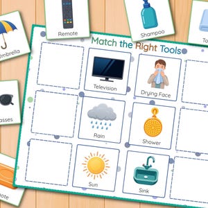 May include: A colorful educational game titled "Match the Right Tools" featuring illustrations of everyday objects like an umbrella, television, and sink. The game includes matching cards with corresponding images and labels for each item.