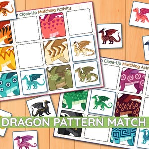 May include: A Dragon Pattern Match activity set featuring two printed sheets with grid layouts for matching dragon close-up textures to full dragon illustrations. The sheets include various colorful dragon designs and the text Dragon Pattern Match.