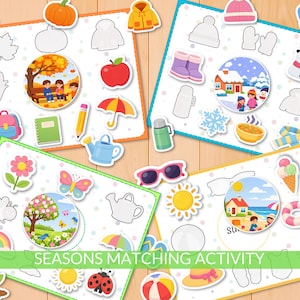 May include: A colorful educational game featuring four seasons. Each season has a matching activity with themed illustrations, including autumn leaves, a snowman, and a beach scene. The text "SEASONS MATCHING ACTIVITY" is displayed at the bottom.