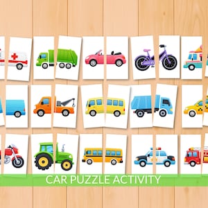 Peut inclure: Un jeu de puzzle de voitures coloré avec des illustrations de divers véhicules, tels qu'une ambulance, un camion, un cabriolet et un vélo. Les pièces du puzzle sont disposées sur une surface en bois, avec le texte "CAR PUZZLE ACTIVITY" en bas.