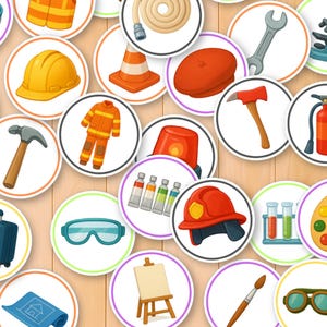 May include: A collection of circular illustrations featuring various professions and tools. The images include a firefighter's helmet, a wrench, a microscope, a hammer, a paint palette, and a fire extinguisher. The illustrations are set against a light brown wooden background.