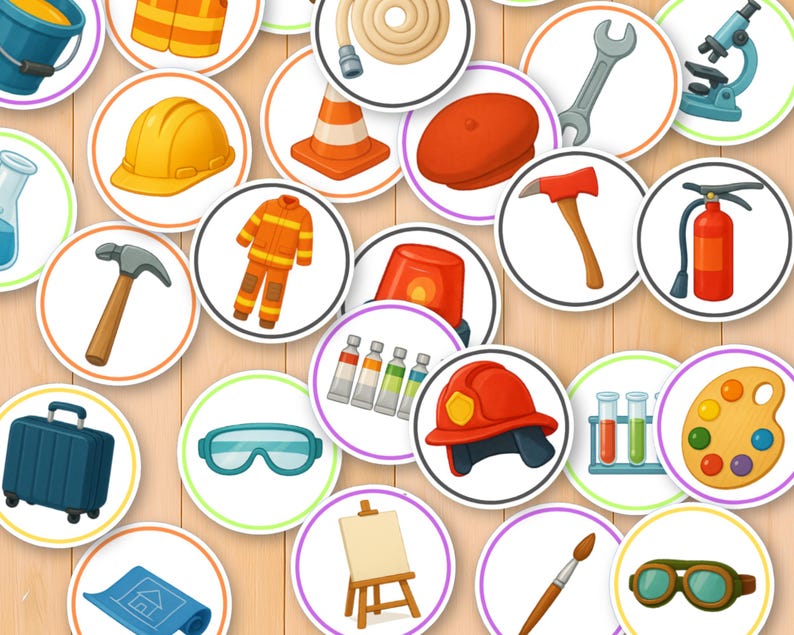 May include: A collection of circular illustrations featuring various professions and tools. The images include a firefighter's helmet, a wrench, a microscope, a hammer, a paint palette, and a fire extinguisher. The illustrations are set against a light brown wooden background.