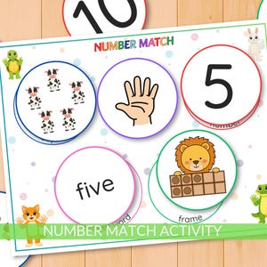 Könnte beinhalten: Ein farbenfrohes Lernspiel mit dem Titel "NUMBER MATCH ACTIVITY". Das Spiel zeigt Kreise mit Zahlen, Wörtern, Handillustrationen und Tiergrafiken. Die Zahl 5 wird mit einem Löwen und einem Rahmen dargestellt.